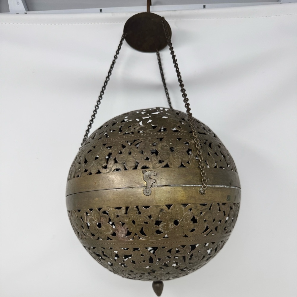 Vintage Moroccan brass hanging pendant orb 8 inch diameter pierced filigree